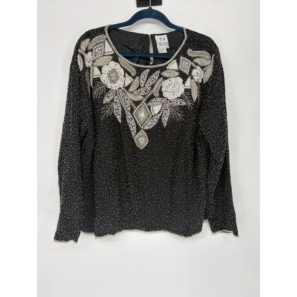 TOGETHER Ladies Black Beaded Long Sleeved 100% Silk Blouse Top XL